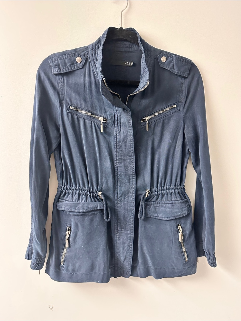 MAX Jeans Navy Tencel Utility Military Jacket XS Zip Pockets